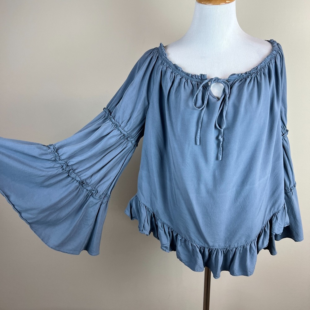 Scarlet Darkness Top Womens Large Blue Off Shoulder Bell Sleeve Ruffle Boho L